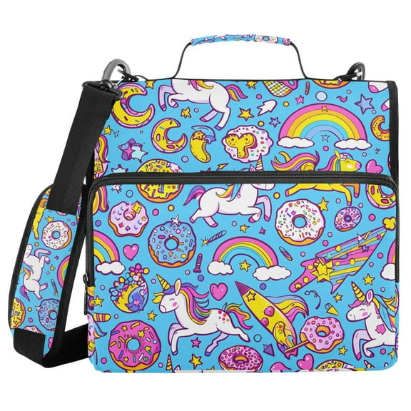 3 Ring Zipper Binder with Shoulder Strap Waterproof Trapper Keeper 1.5 Inch D-Ring 500 Sheets Capacity Unicorns Donuts Rainbow