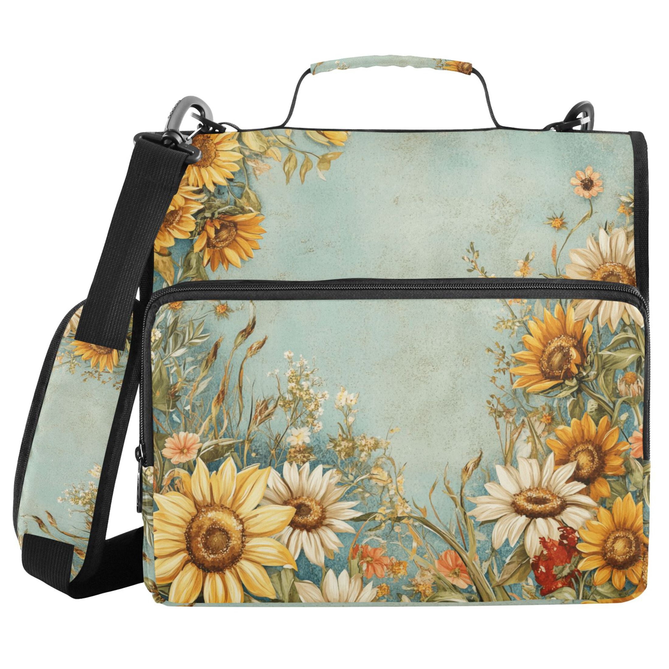 3 Ring Zipper Binder with Shoulder Strap Waterproof Trapper Keeper 2 Inch D-Ring 500 Sheets Capacity Vintage Sunflowers and Wildflower