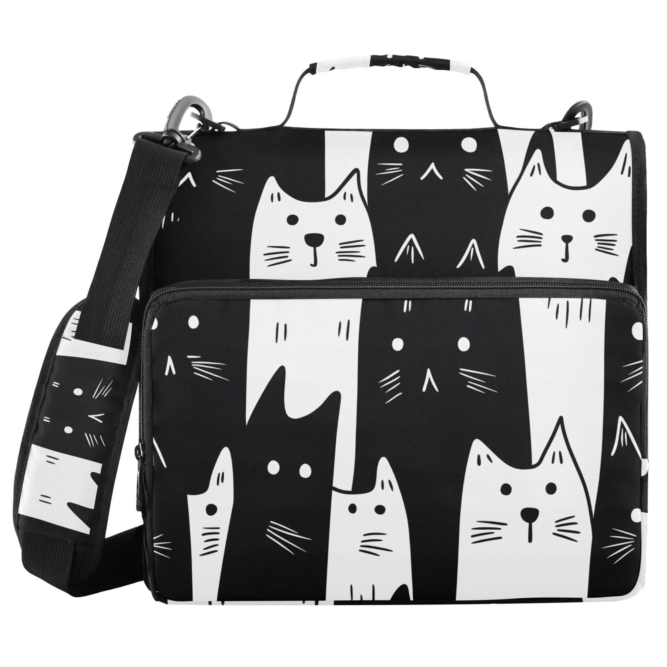 3 Ring Zipper Binder with Shoulder Strap Waterproof Trapper Keeper 2 Inch D-Ring 500 Sheets Capacity White Black Cat