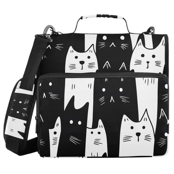 3 Ring Zipper Binder with Shoulder Strap Waterproof Trapper Keeper 1.5 Inch D-Ring 500 Sheets Capacity White Black Cat