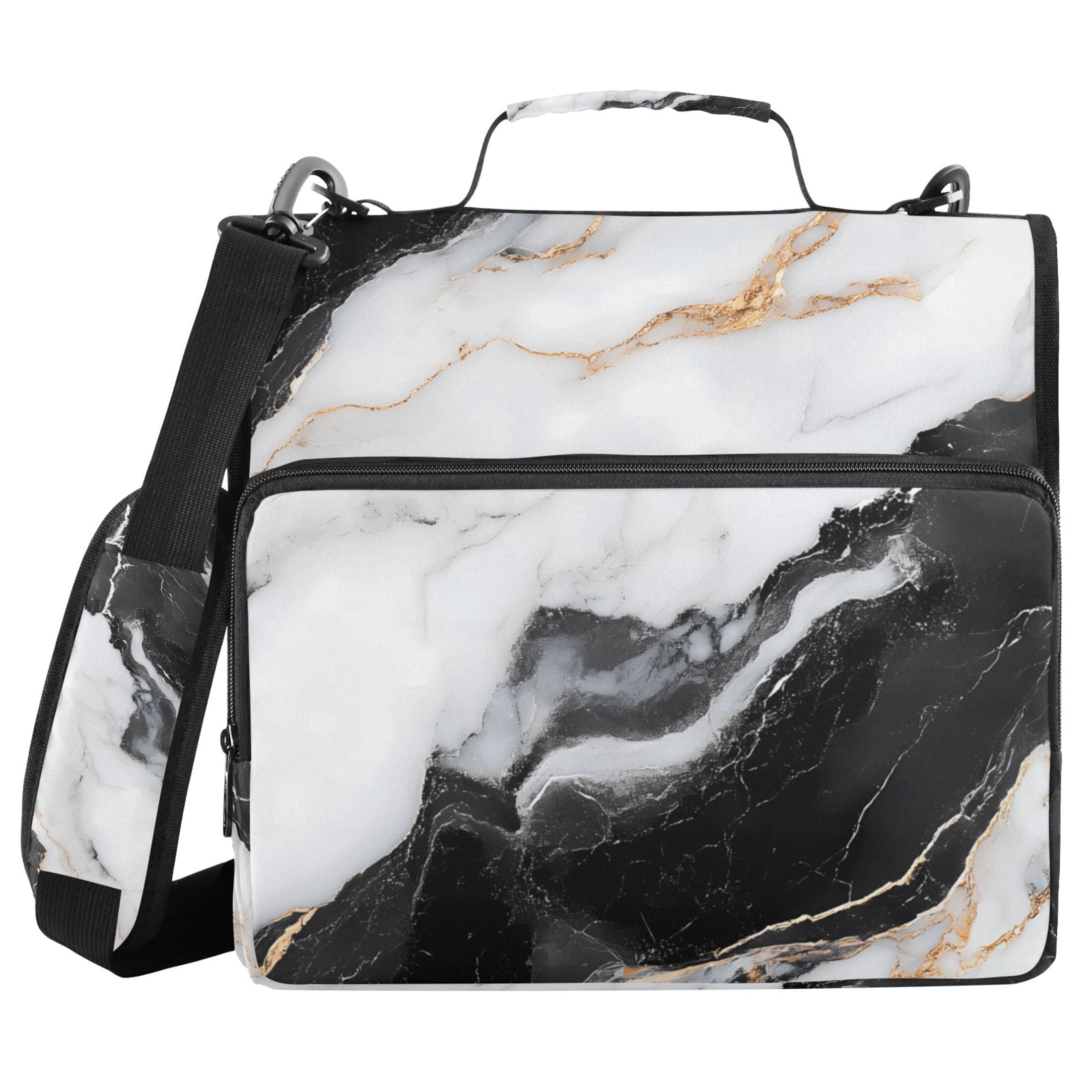 3 Ring Zipper Binder with Shoulder Strap Waterproof Trapper Keeper 2 Inch D-Ring 500 Sheets Capacity White Black Marble Texture