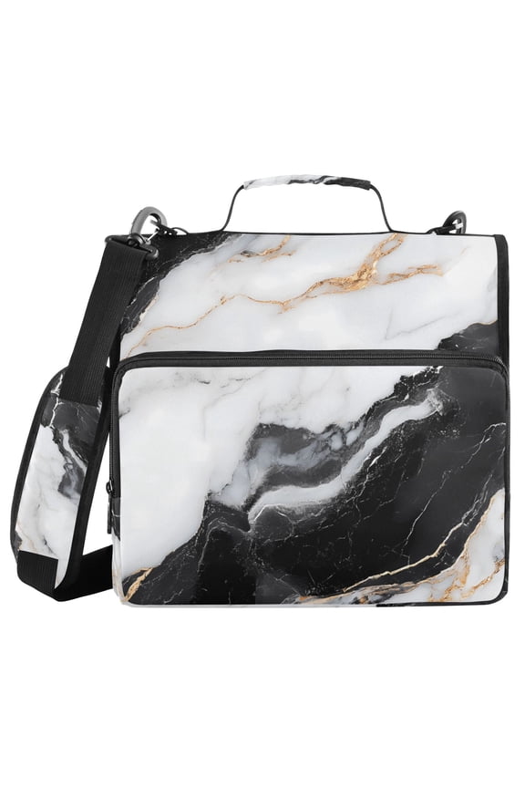 3 Ring Zipper Binder with Shoulder Strap Waterproof Trapper Keeper 2 Inch D-Ring 500 Sheets Capacity White Black Marble Texture