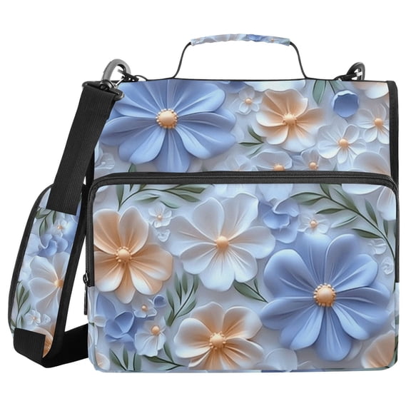 3 Ring Zipper Binder with Shoulder Strap Waterproof Trapper Keeper 2 Inch D-Ring 500 Sheets Capacity White Blue 3d Flower