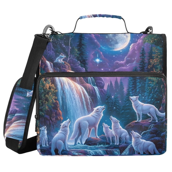 3 Ring Zipper Binder with Shoulder Strap Waterproof Trapper Keeper 2 Inch D-Ring 500 Sheets Capacity White Wolf and Waterfall Moon