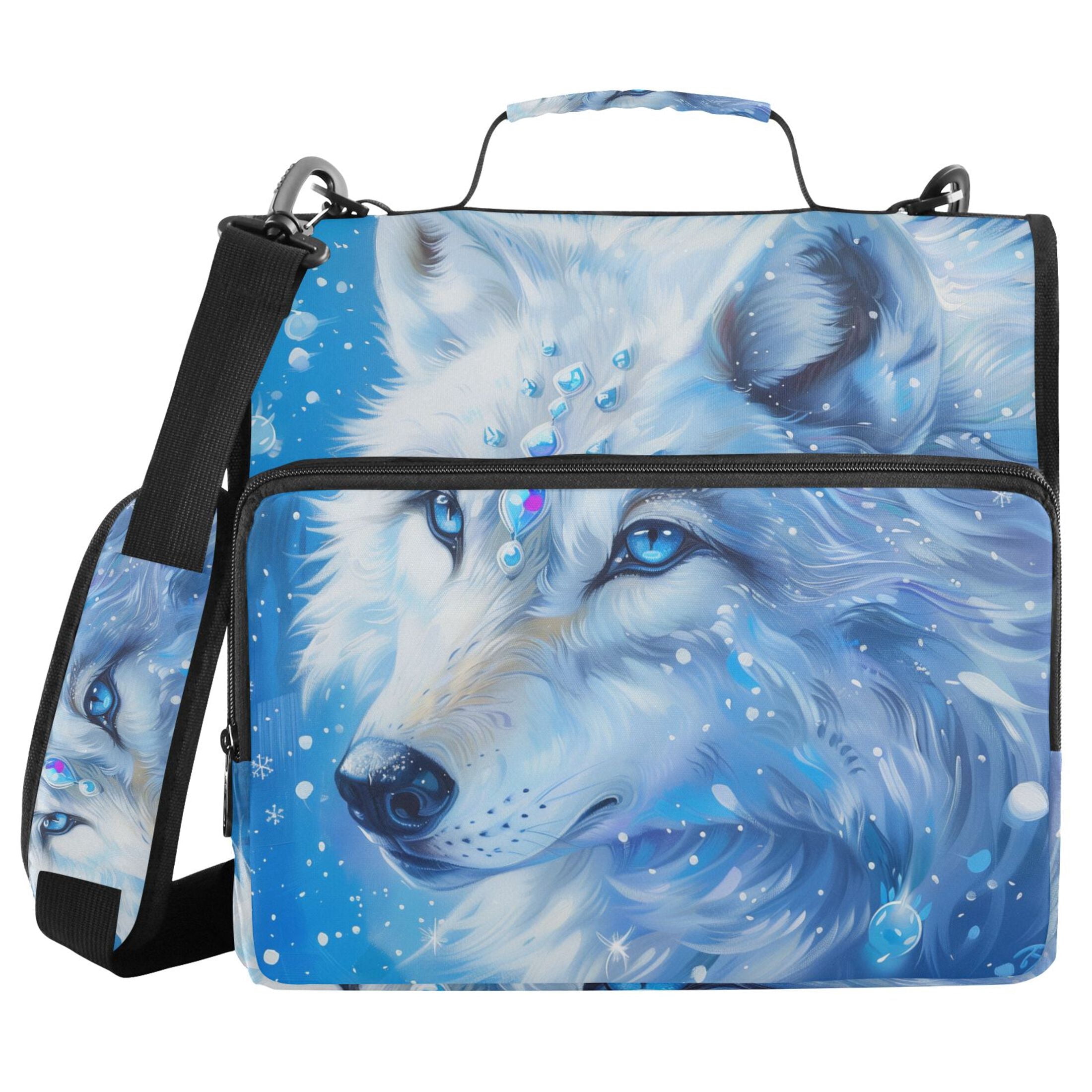 3 Ring Zipper Binder with Shoulder Strap Waterproof Trapper Keeper 2 Inch D-Ring 500 Sheets Capacity White Wolf with Gems