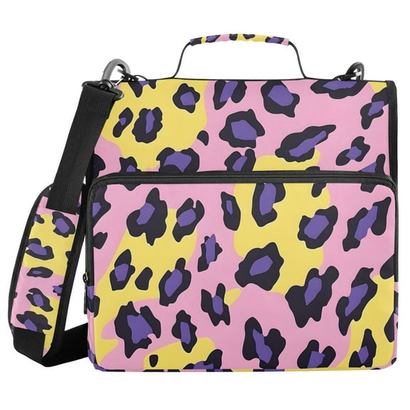 3 Ring Zipper Binder with Shoulder Strap Waterproof Trapper Keeper 1.5 Inch D-Ring 500 Sheets Capacity Yellow Purple Leopard
