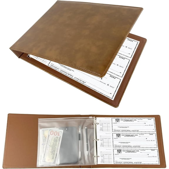 3 Rings Business Check Binder for End-Stub Deskbook Checks, Fit 3 & 9 Holes Check Faux Leather (11 1/4" x 9") (Brown)