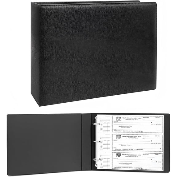 3 Rings Check Binder for End-Stub Deskbook Checks, 3 a Page, Fit 3 & 9 Holes Check Faux Leather (9.1"x12.5") (Black)