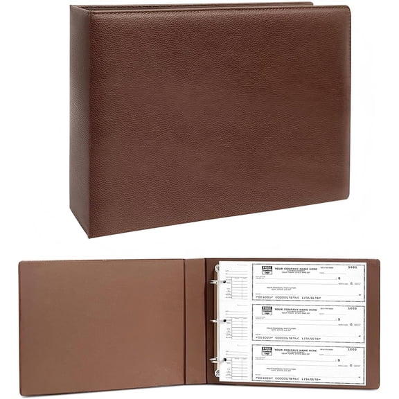 3 Rings Check Binder for End-Stub Deskbook Checks, 3 a Page, Fit 3 & 9 Holes Check Faux Leather (9.1"x12.5") (Brown)