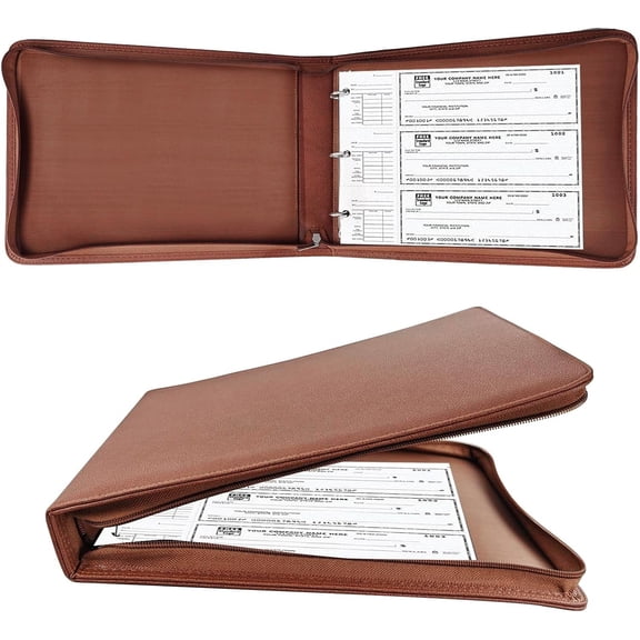 3 Rings Check Binder for End-Stub Deskbook Checks, Zipper Business Check Binder, 3 a Page, Fit 3 & 9 Holes Check Faux Leather (Brown)
