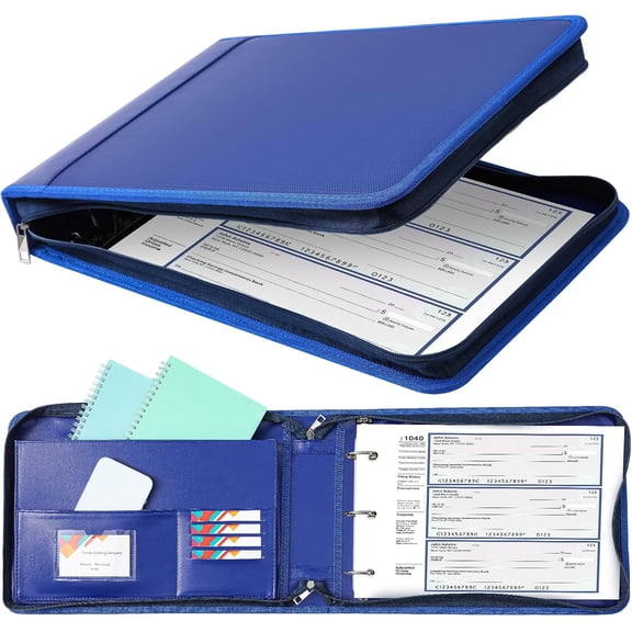 3 Rings Fireproof Business Check Binder with Zipper 1.5 Inch D Rings 3 on a Page Fit 3 & 9 Holes Check 600 Sheets Capacity Organizer Binder for Office Storage End Stub Deskbook (Dark Blue)