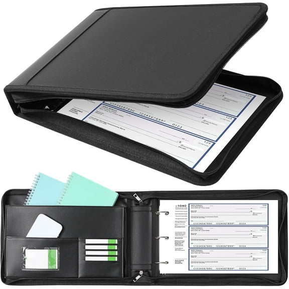 3 Rings Fireproof Business Check Binder with Zipper 1 Inch DRings 3 a Page Fit 3 & 9 Holes Check 600 Sheets Capacity Organizer Binder for Office Storage End Stub Deskbook(Black)