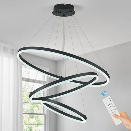 3-Rings Modern LED Chandelier Black, Dimmable Pendant Lighting with Remote Control Circular Flush Mount High Ceiling Light for Living Room Dining Room Foyer, 3000K-6500K D31.5"
