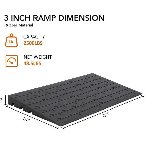 3" Rise Threshold Ramp - Anti-Slip Wheelchair Rubber Curb Ramp, 2500LBS Weight Capacity, Heavy Duty Car Ramps for Wheelchairs, Doorways, Curb, Cars, Sidewalk