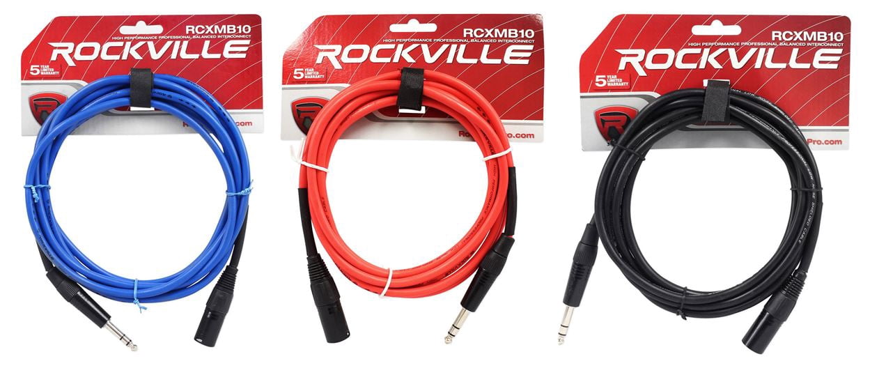 3 Rockville 10' Male REAN XLR to 1/4'' TRS Balanced Cable OFC (3 Colors)