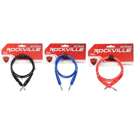 3 Rockville 3' 1/4'' TRS to 1/4'' TRS Cable 100% Copper (3 Colors)