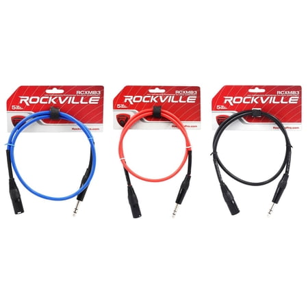 3 Rockville 3' Male REAN XLR to 1/4'' TRS Balanced Cable OFC (3 Colors)