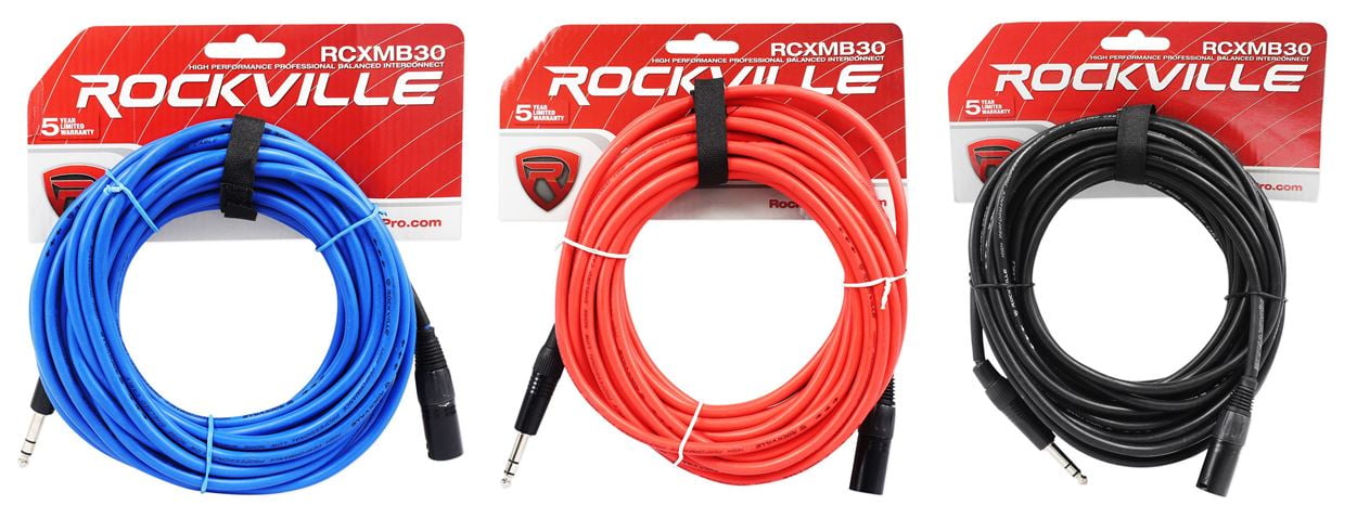 3 Rockville 30' Male REAN XLR to 1/4'' TRS Balanced Cable OFC (3 Colors)