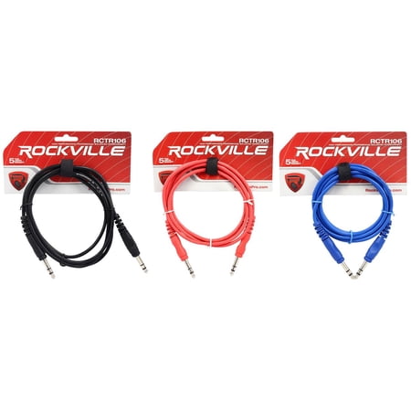3 Rockville 6' 1/4'' TRS to 1/4'' TRS Cable 100% Copper (3 Colors)