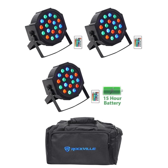 (3) Rockville BATTERY PAR 50 Rechargeable LED DMX DJ Wash Up-Lights+Remotes+Bag