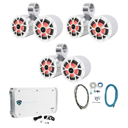 3) Rockville RKL65MBW Dual 6.5" Marine Wakeboard LED Speakers+Amplifier+Amp Kit
