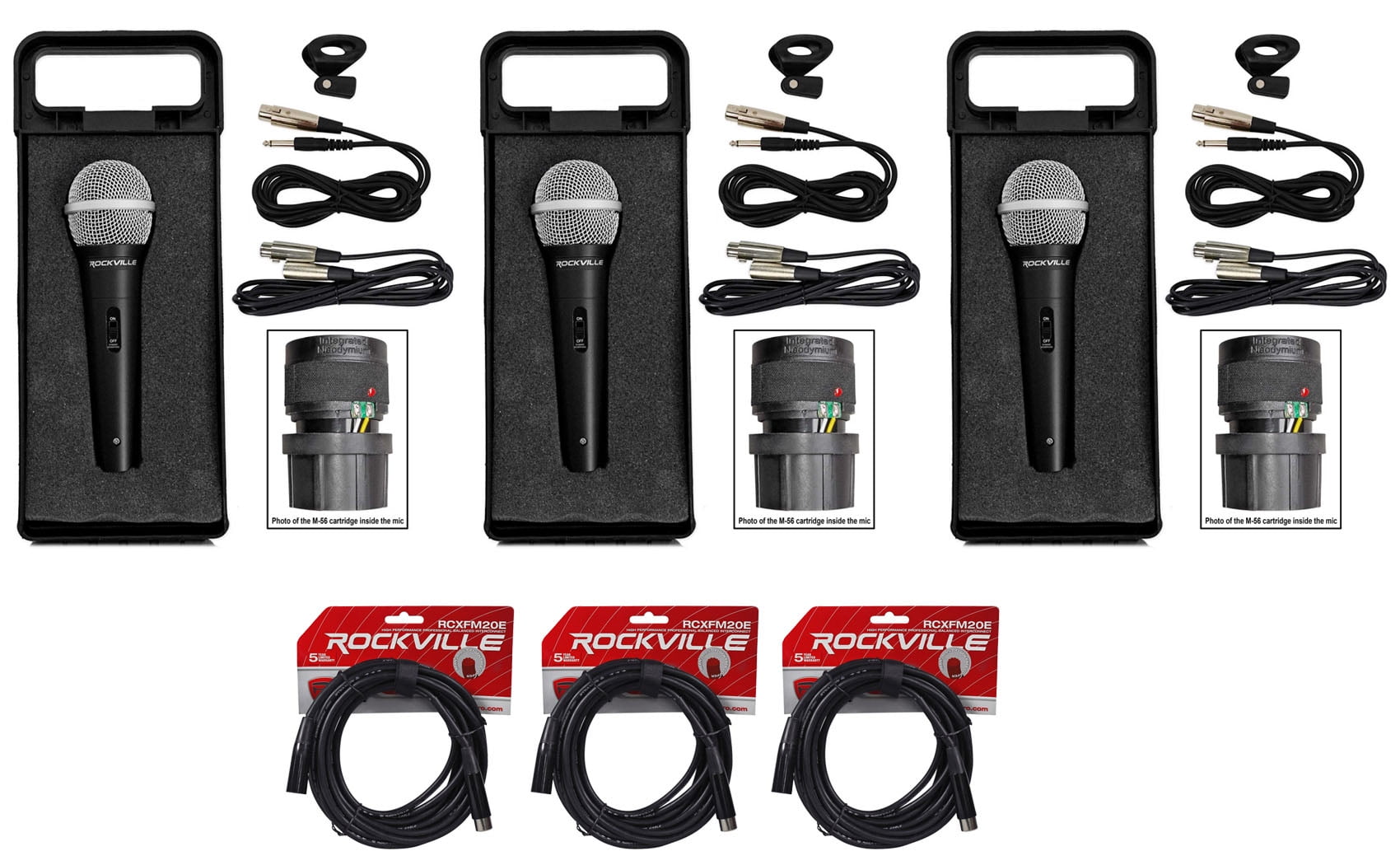(3) Rockville RMC-XLR Metal Handheld Wired Microphones+(3) 100% OFC XLR Cables