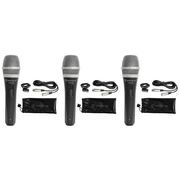 3 Rockville RMP-XLR Dynamic Cardioid Pro Microphones + 10' XLR Cables+3 Clips