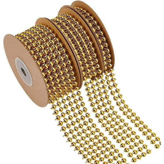 3 Roll 6 Yard Plastic Beads Close Chain Trim 3 Size Gold Beaded Chain Trim Plastic Stud Design Trim Tape for Sewing Plastic Round Beads Chain Trim for DIY Crafts Clothes Decoration