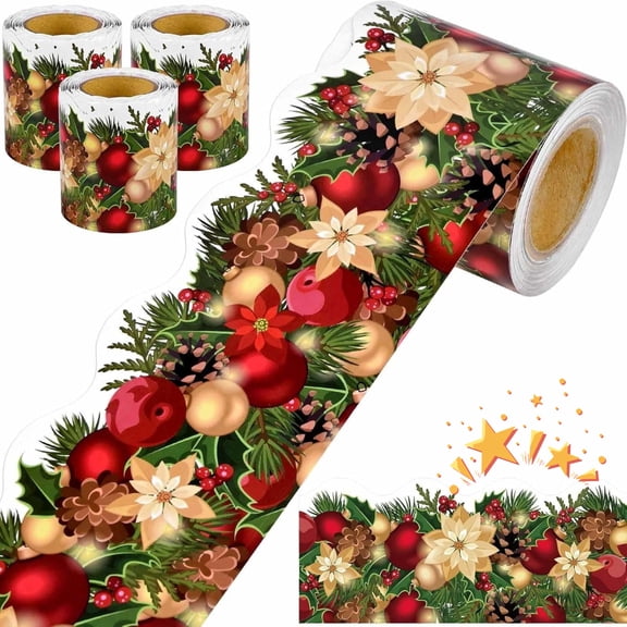 3 Roll Christmas Bulletin Board Borders Sticker, Poinsettias Pine Cones Pine Needles Trim Border for Christmas Home Office and Classroom Decoration
