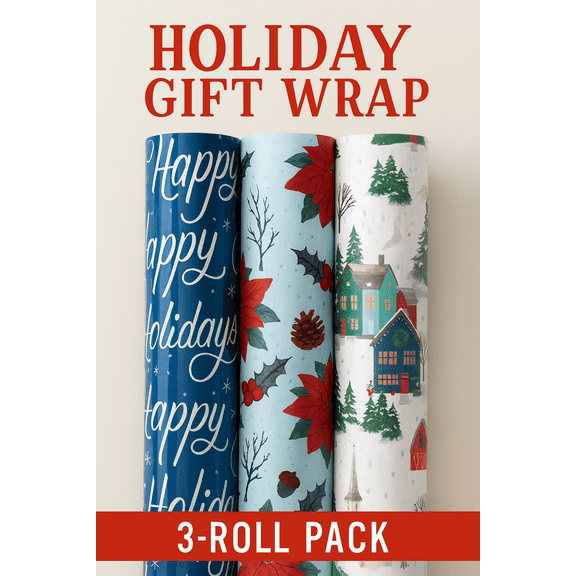 3-Roll Holiday Gift Wrap Set Heavyweight Recyclable Paper 120 Sq Ft Each Roll