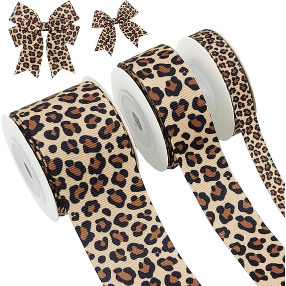 3 Roll Leopard Print Grosgrain Ribbon, 15 Yards Cheetah Print Craft Ribbon for Christmas Garland Gift Wrapping Party Decor Supplies, 3/8, 7/8, 1.5 Inch(Leopard Print)