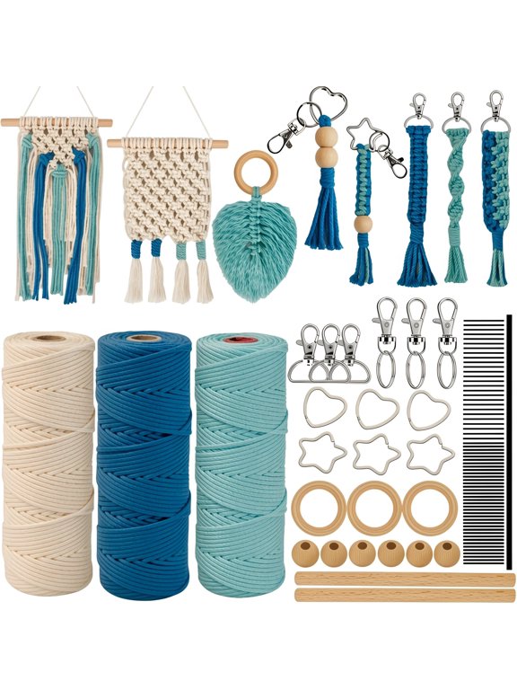 3-Roll Macrame Cord Kit with Wood Rings, Beads, Dowels, Rings and Instruction Book for DIY Hanging, Plant Hanger, Keychain, Beginners