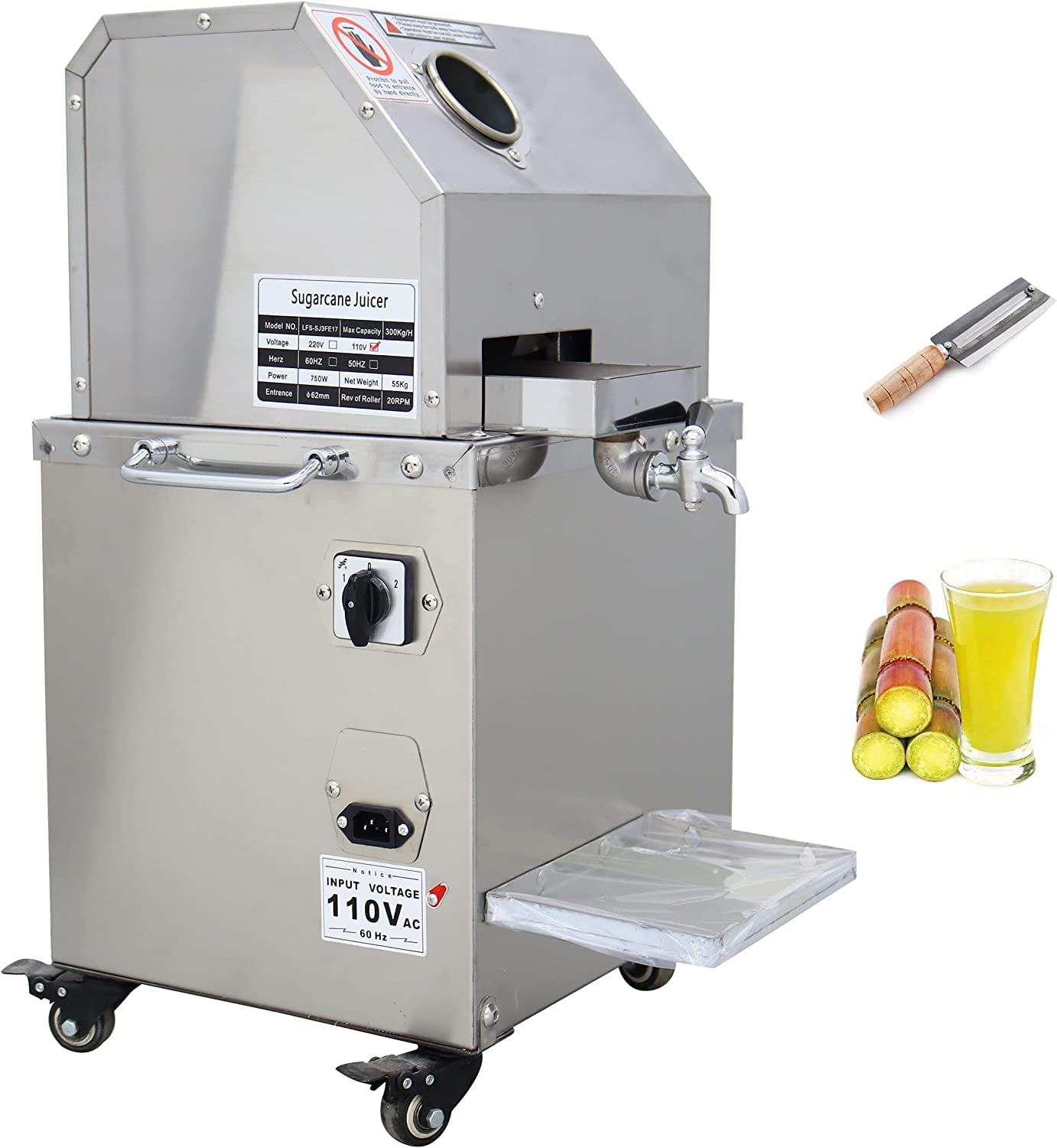 3 Rollers Electric Sugarcane Juicer Sugar Cane Press Juicer Machine Vertical Juicing Crusher 110V Stainless Steel