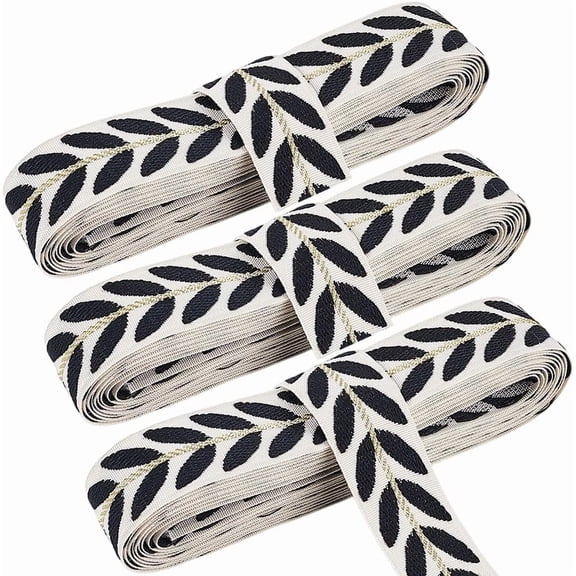 3 Rolls 1 Inch Black Jacquard Embroidered Ribbon White Polyester Leaf Pattern Woven Fabric Trim Tape Boho Embroidery Applique Trimming Ribbons for Sewing Making Crafts Clothes Curtain DIY Black