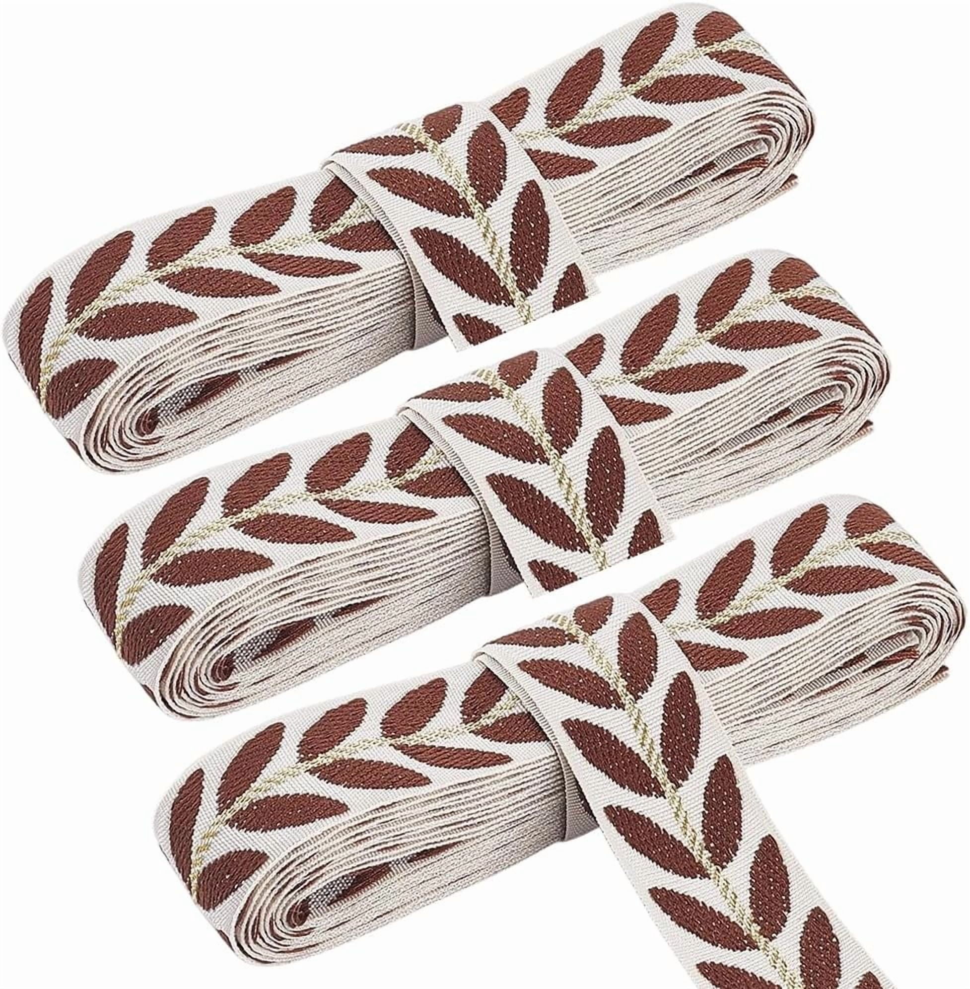 Leaf Pattern Ribbon 3 Rolls 1 Inch Brown White Jacquard Embroidered Ribbon Leaf Pattern ...
