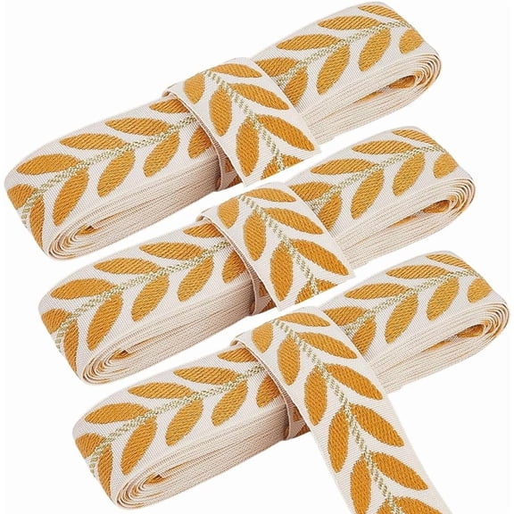 3 Rolls 1 Inch Leaf Pattern Boho Embroidery Applique Trimming Ribbons Woven Fabric Trim Tape Yellow White Jacquard Embroidered Ribbon
