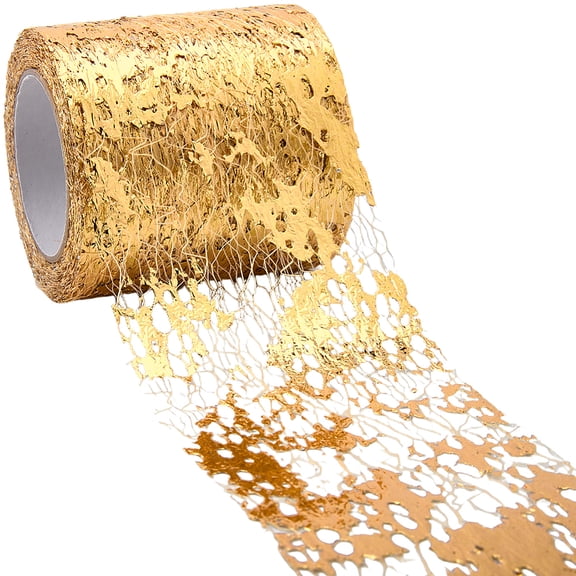 3 Rolls 10 Yard 2.4in Metallic Gold Ribbon Gold Christmas Ribbon Wired Polyester Glitter Lace Trims Mesh Web Sewing Holiday Decor