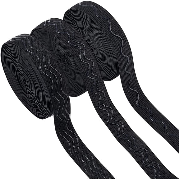 3 Rolls 15.5 Yards 0.79 Inch Wide Non-Slip Elastic Ribbon Wave Silicone Elastic Gripper Band Tape Stretch Rubber Straps Belt Waistband for Clothing Garment Sewing Crafts Sports Shorts Black