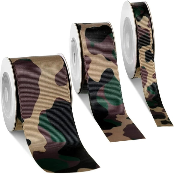 3 Rolls 15 Yards Camouflage Print Woven Ribbon 3/8 Inch 7/8 Inch 1.5 Inch Wide Camo Ribbon Wrapping Camouflage Strip Polyester Fabric Strip for Wreath Bow DIY Crafts Party Decorations(Green Camo)