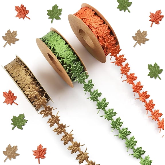 3 Rolls 15 Yards Fall Ribbons, Green Brown Orange Thanksgiving Ribbons Maple Leaf Shape Craft Ribbons Trim Embellishment for Gift Wrapping Autumn Party Decoration