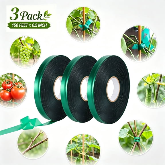 3 Rolls 150 Feet Stretch Tie Tape 0.5 Inch Garden Tie Tape Thick Plant Ribbon Garden Green Vinyl Stake for Indoor Outdoor Patio Plant Use