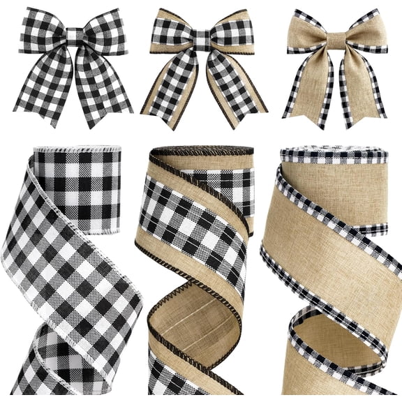 3 Rolls 18 Yards 2.5 Inch Black White Buffalo Plaid Ribbon Wired Burlap Crafts Gift Wrapping Wreaths