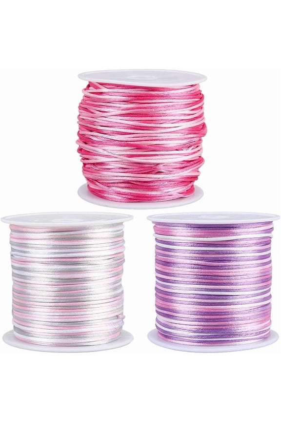 3 Rolls 3 Colors 150 Yards/137M 1mm Nylon Thread Jewelry Stringing Pink Purple Satin Rattail Macrame Trim Knitting Rope Cord with Spool for Friendship Bracelet Necklace Making DIY Crafts