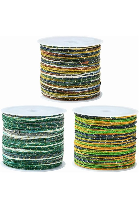 3 Rolls 3 Colors 164 Yards/150M 0.8mm Metallic Nylon Cord Jewelry Stringing Thread Glitter Macrame Beading Sewing Cords with Plastic Spool for Friendship Bracelet Necklace Making DIY Craft for DIY