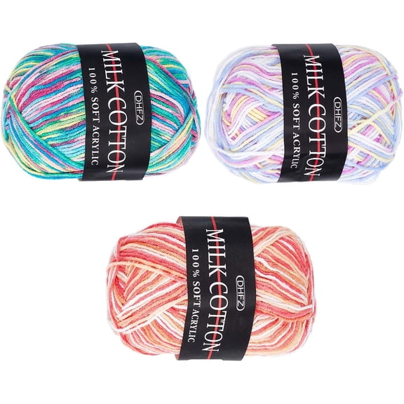 3 Rolls 3 Colors 3-Ply Crochet Yarn Multi-Colored Acrylic Cotton Wool Knitting Yarn Hand Knitting Weaving Yarn Crochet Thread Mixed Color for Handmade