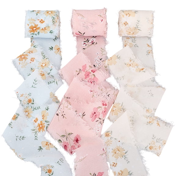 3 Rolls 3 Colors Polyester Fringe Flower Printed Ribbon Raw Edged Ribbon for Wedding Invitations Bouquets Gift Wrapping Mixed Color 1-3/4 inch(43mm) about 5.47 Yards(5m)/Set