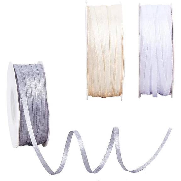 3 Rolls 3 Colors Polyester Ribbons 99.52 Yards(91m) Double Faced Satin Ribbon 1/8 Inch(3mm) Narrow Fabric Ribbon for Crafts Hanging Gift Wrapping