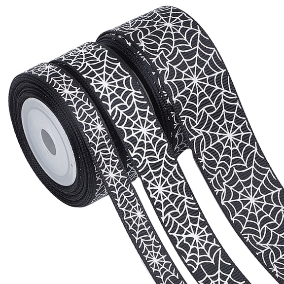 3 Rolls 3 Styles Halloween Printed Polyester Grosgrain Ribbon Spider Web Pattern Black 3/8 ~1 inch(9~26mm) 5 yards/roll 1 roll/style