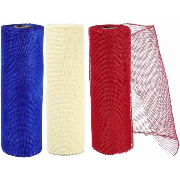 3 Rolls 30 Yards 10.24 Inch Red Blue Yellow USA Mesh Ribbon Roll American Deco Transparent Fabric Netting Plastic Trim for Gift Wrapping 4th of July Wreath DIY Craft Supply Colorful