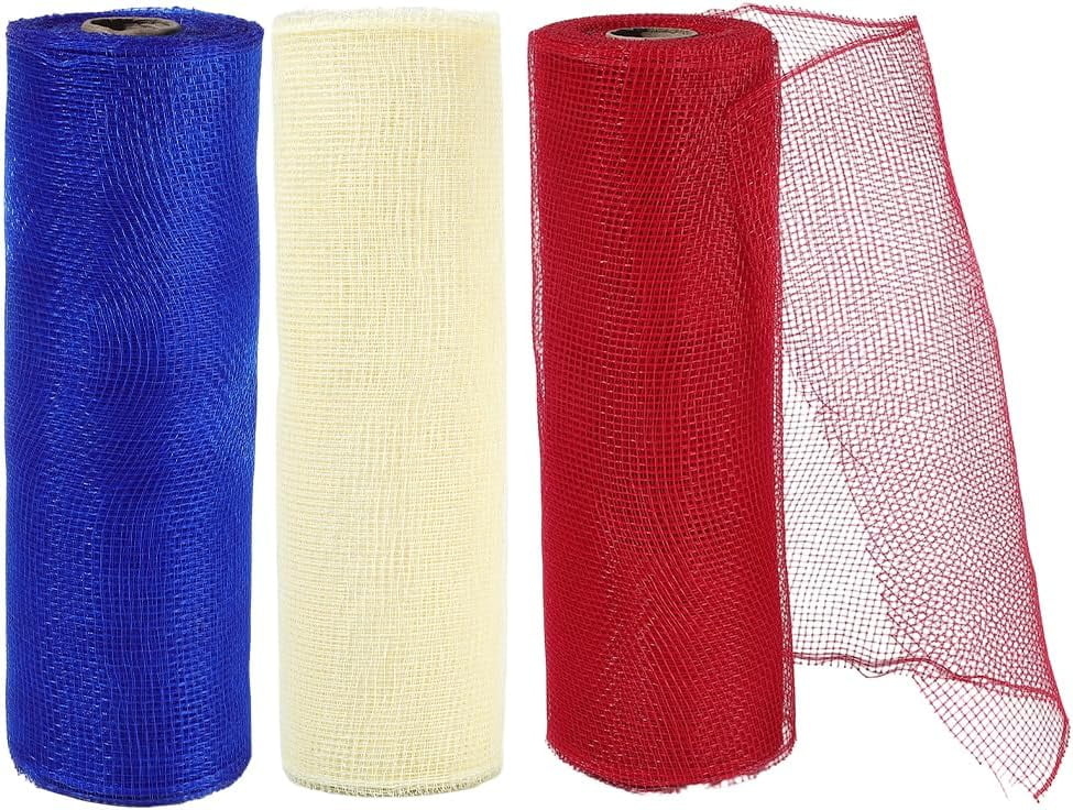 3 Rolls 30 Yards 10.24 Inch Red Blue Yellow USA Mesh Ribbon Roll American Deco Transparent Fabric Netting Plastic Trim for Gift Wrapping 4th of July Wreath DIY Craft Supply